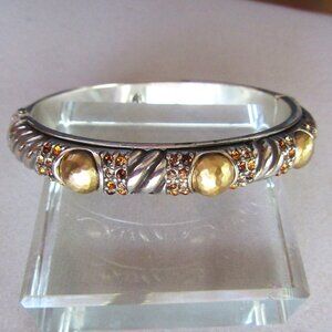 BRIGHTON ornate silver plate hinged bangle -gold tone ball & yellow rhinestones